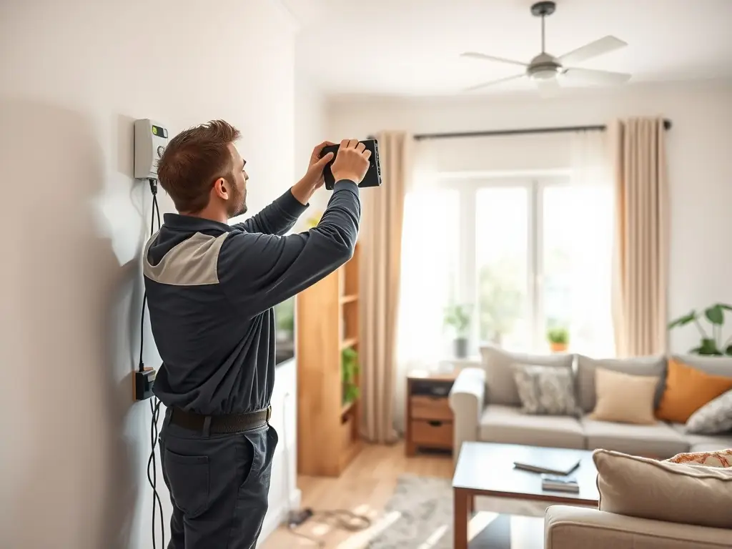 A friendly CableFusion technician expertly installing internet cables in a modern living room, ensuring a seamless and efficient setup.