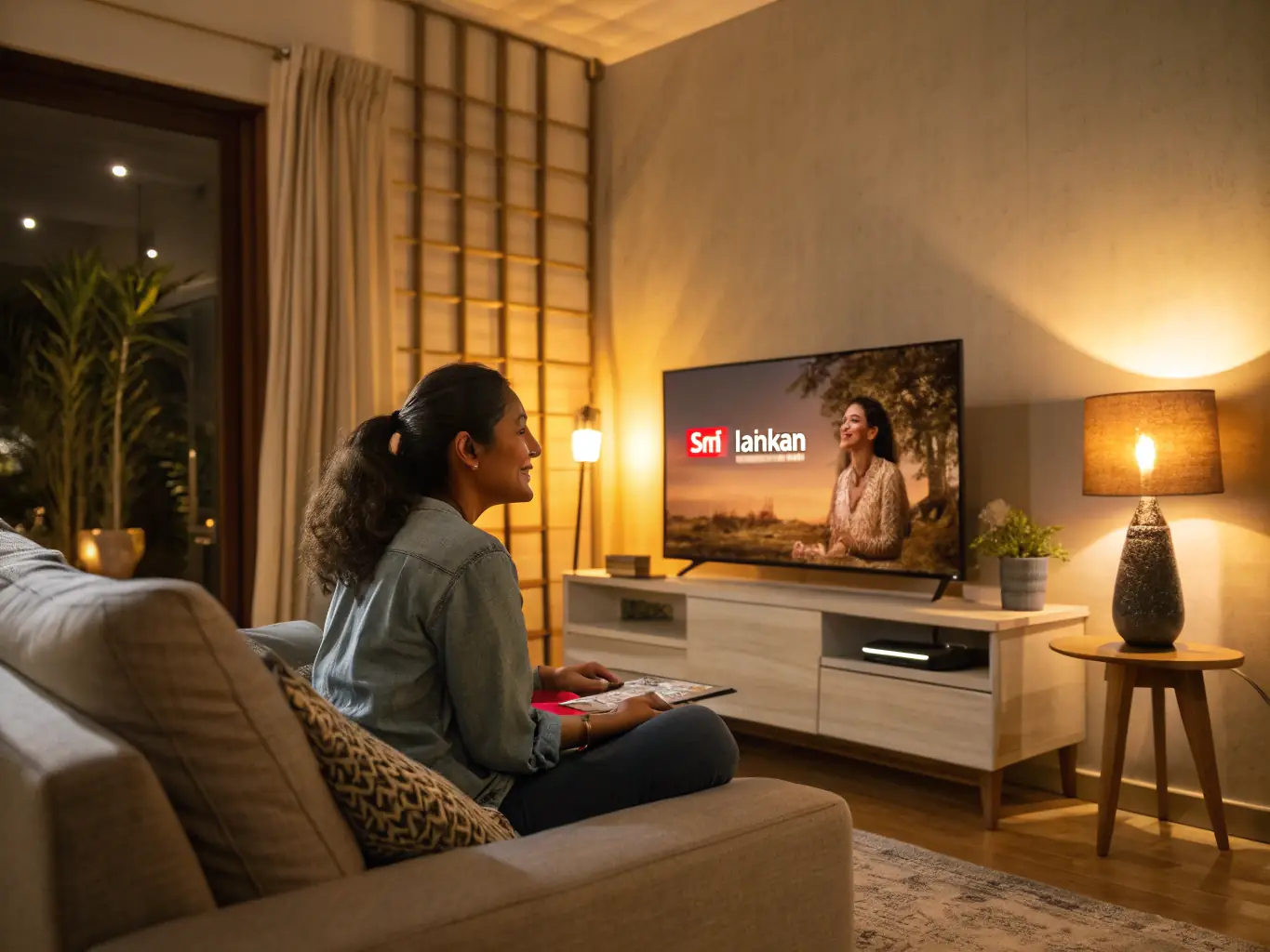 A satisfied CableFusion customer smiling and enjoying their perfectly set up home entertainment system, highlighting the outstanding results of the service.